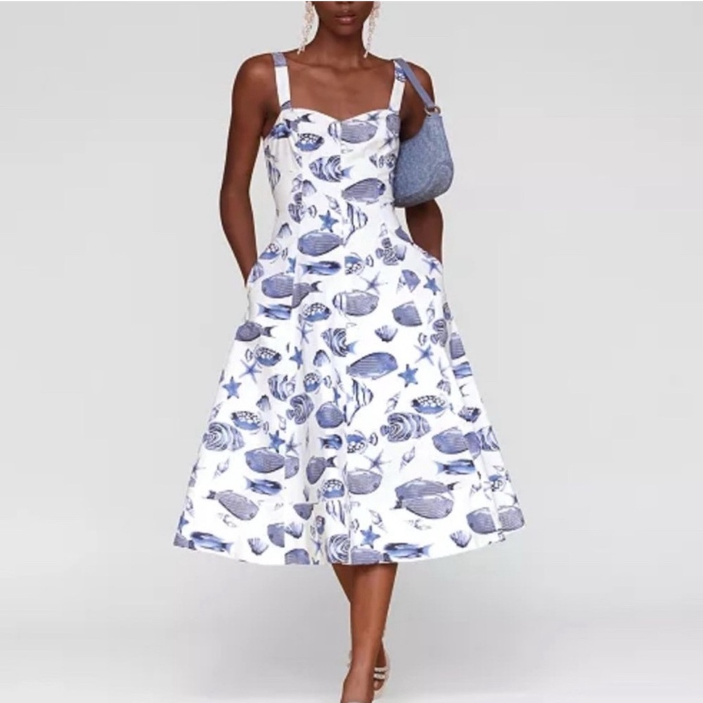 Avec Les Filles Blue and White Sea Life Midi Dress